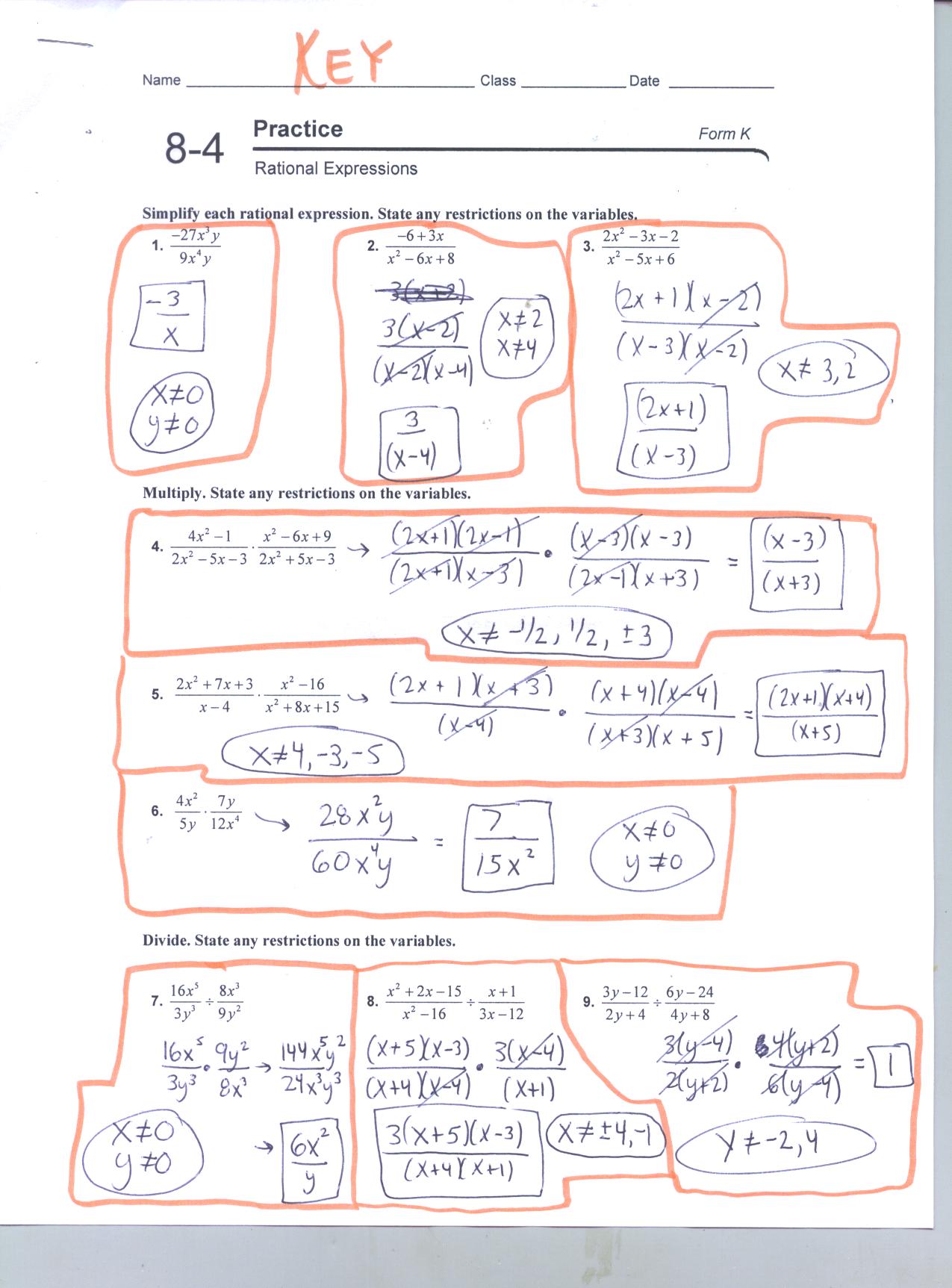 8 6 Solving Rational Equations Worksheet Form G - prentice hall algebra